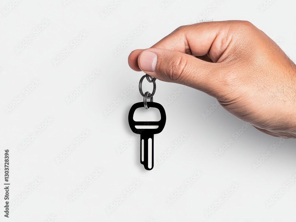 Hand holding a keychain with a key against a plain background, suggesting accessibility Hand holding a keychain with a key against a plain background, suggesting accessibility