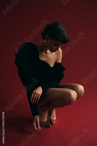 Elegant pose of a woman in black outfit against red backdrop during an artistic photoshoot