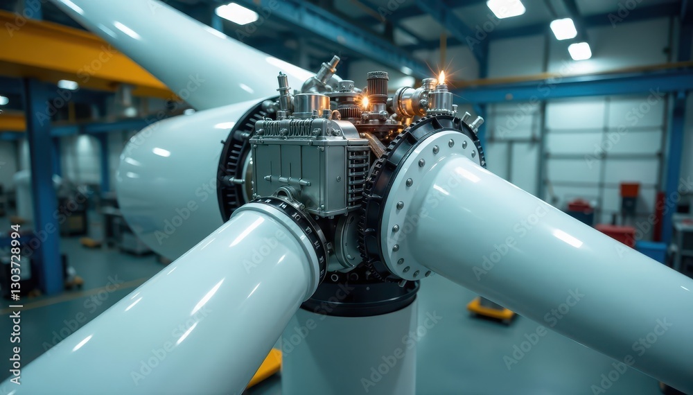 Close-up of wind turbine components during assembly, engineering, machinery Close-up of wind turbine components during assembly, engineering, machinery