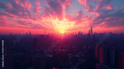 Wallpaper Mural Cityscape sunrise, vibrant sunset clouds, aerial view, urban panorama, promotional use Torontodigital.ca