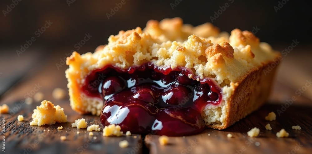 Dark cherry filling bubbling under crisp crumble, home baking, food stylist Dark cherry filling bubbling under crisp crumble, home baking, food stylist
