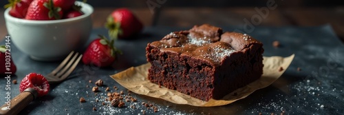 Decadent brownie, rustic paper, slate backdrop , chocolate, homemade