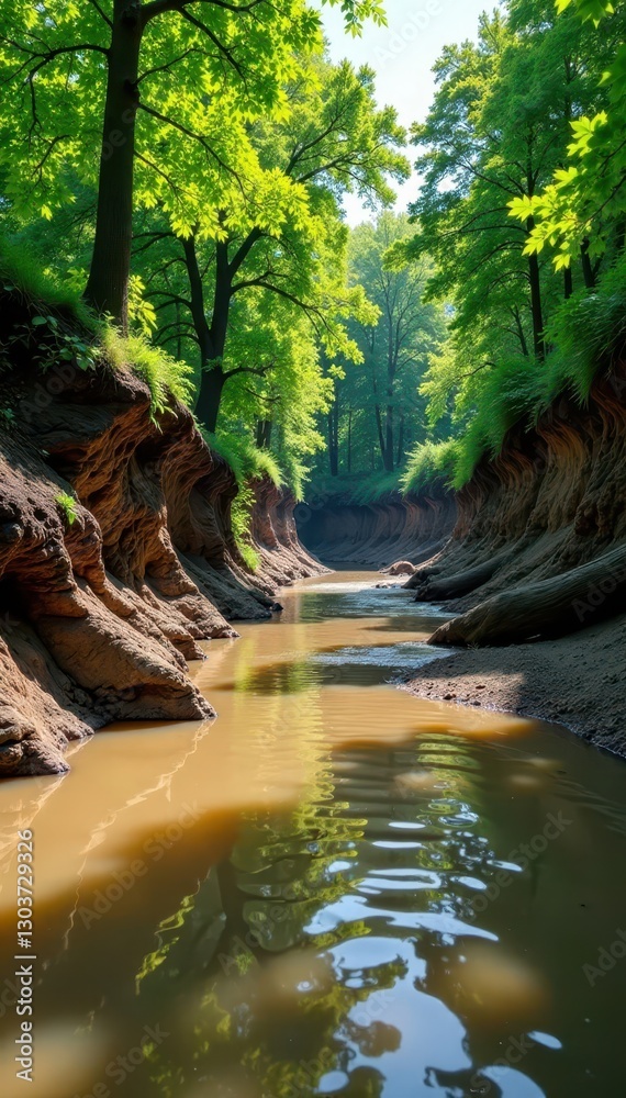 Fototapeta premium Eroded creek bank, exposed roots, muddy water, nature, creek bank