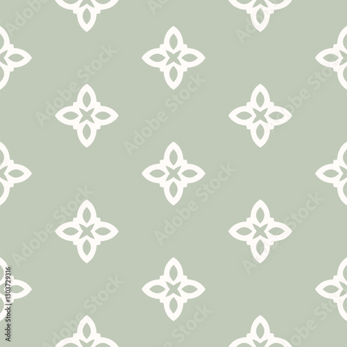 Simple minimalist floral ornament. Vector seamless pattern with flower silhouettes. Subtle abstract geometric background. Sage green color. Elegant minimal texture. Repeated design for print, textile