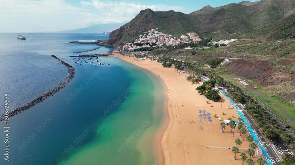 Aerial Panorama of Playa de Las Teresitas, San Andrés, Mountains, and Cargo Ship in the Atlantic – Tenerife, Spain