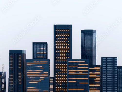 Modern city skyline at dusk with illuminated office buildings and clear sky photo
