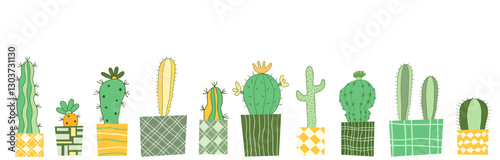 Cute vector desert house plant cactus with geometric patterns, home garden cacti decor illustration