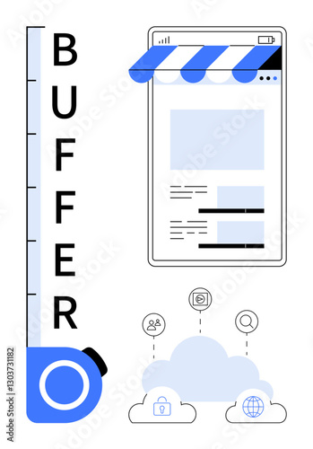 Tape measure labeled BUFFER beside web page mockup under awning, cloud with security, and global icons. Ideal for website management, speed, optimization, cloud, data security technology. Flat