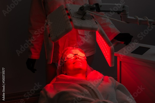 Red light therapy session for skin rejuvenation in a spa environment
