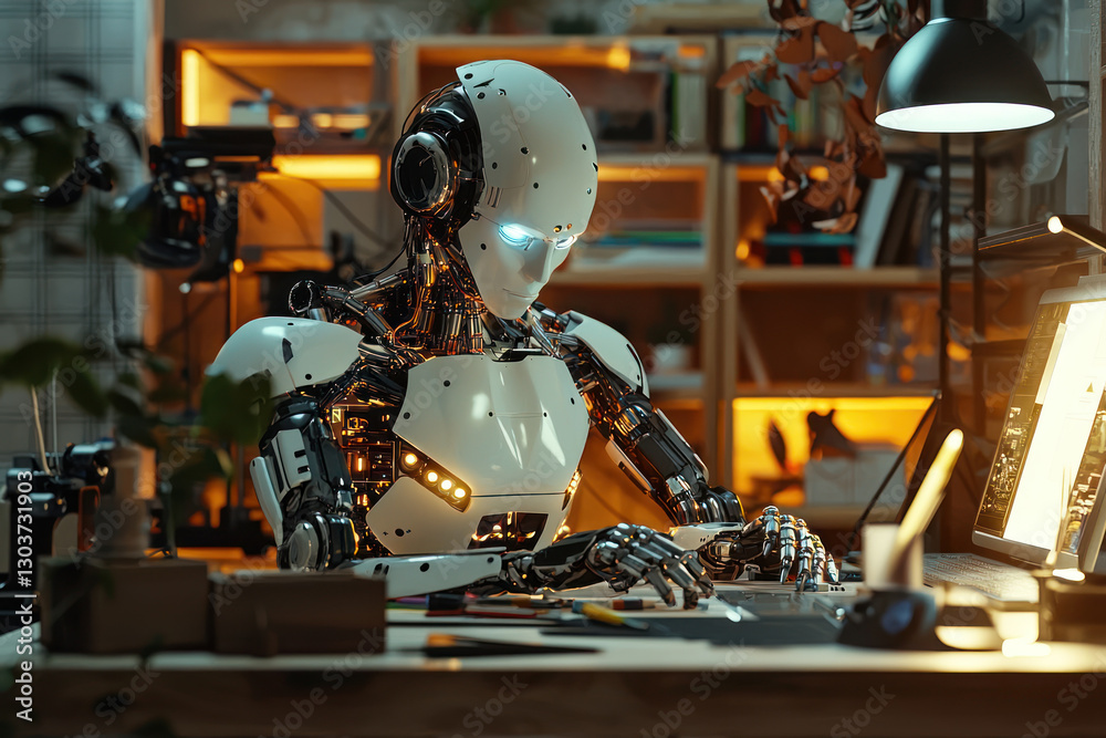 A humanoid robot creating technology in minimalist workshop with soft ambient lighting, showcasing innovation and creativity A humanoid robot creating technology in minimalist workshop with soft ambient lighting, showcasing innovation and creativity