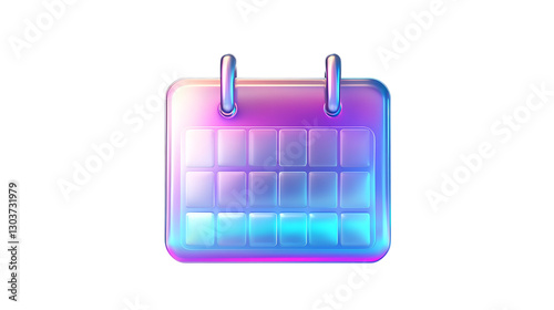 Holographic 3D metallic calendar icon design with iridescent colors, featuring a modern and shiny effect. Isolated on transparent background.