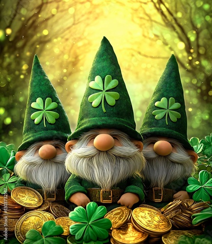 St. Patrick's Day, three leprechaun gnomes in green hats with clover among gold coins in a magical forest