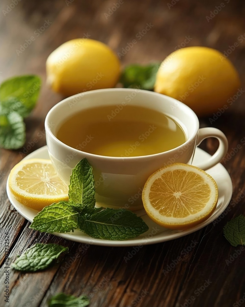 Refreshing herbal tea with lemon slices and mint leaves on a rustic wooden table Refreshing herbal tea with lemon slices and mint leaves on a rustic wooden table