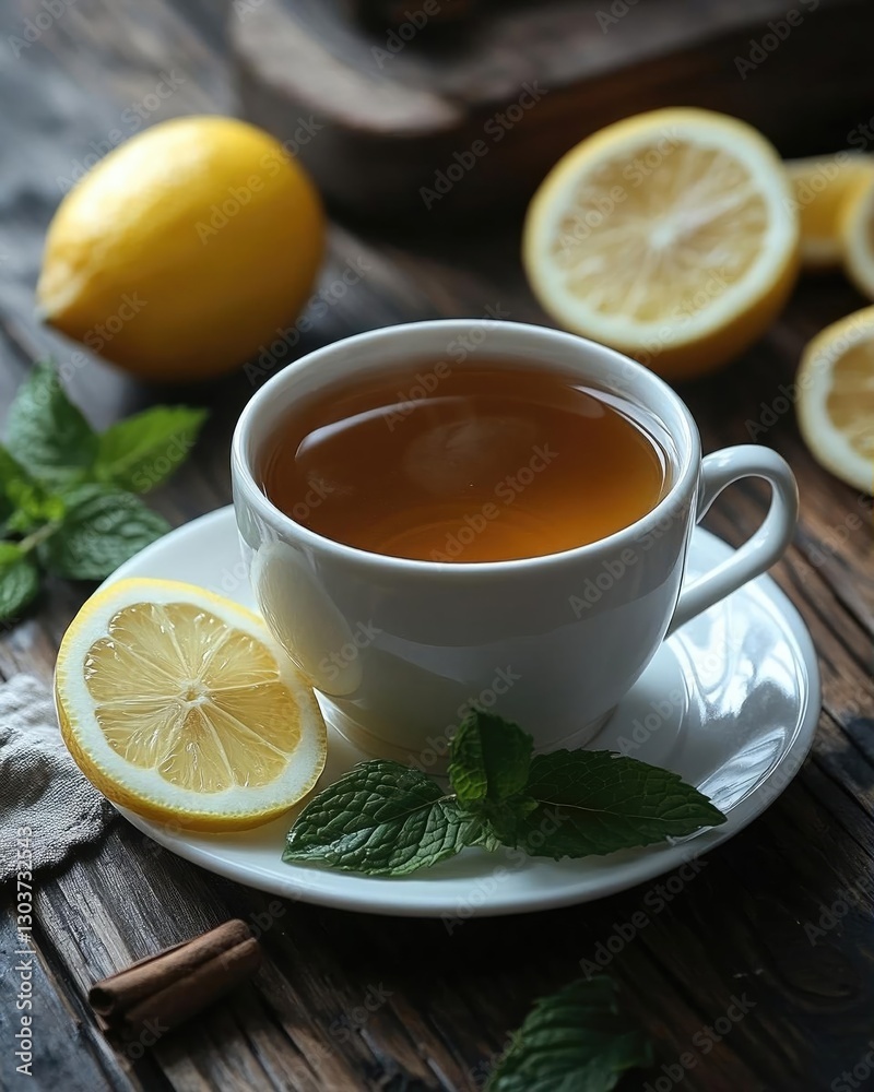 Refreshing cup of tea with lemon slices and mint leaves on rustic wooden table Refreshing cup of tea with lemon slices and mint leaves on rustic wooden table