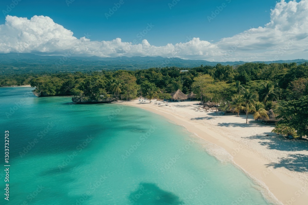 Obraz premium Turquoise water lapping on the sandy shore of a tropical island beach in the caribbean