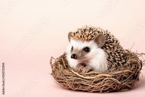 A cute hedgehog nestled in a cozy nest, displaying its sharp spines and charming face, against a soft pink background.