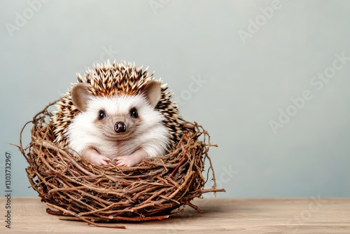 A cute hedgehog sitting comfortably in a nest, surrounded by natural elements, on a soft background, exuding charm and tranquility.