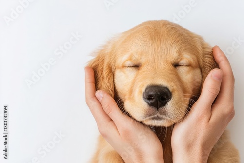 A golden retriever puppy being gently held by hands, eyes closed, showcasing a moment of tenderness and affection against a white background.