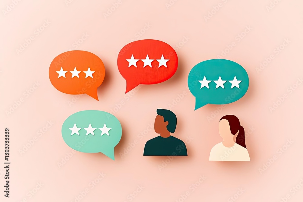 Colorful speech bubbles with star ratings accompanied by illustrated figures, representing feedback and reviews, on a soft pink background. Colorful speech bubbles with star ratings accompanied by illustrated figures, representing feedback and reviews, on a soft pink background.