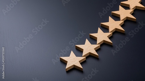 Five wooden stars laid out in a row against a dark background, symbolizing quality and excellence in various contexts.