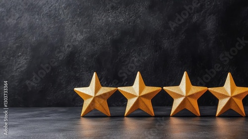 Four wooden 3D stars arranged on a dark textured surface, symbolizing quality and ratings against a muted black background.