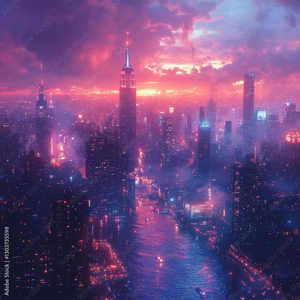 Fototapeta premium Vibrant city skyline at sunset with colorful clouds reflecting over the river, showcasing urban life