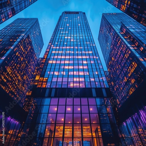 Stunning view of modern skyscrapers illuminated at dusk with vibrant reflections and dramatic sky