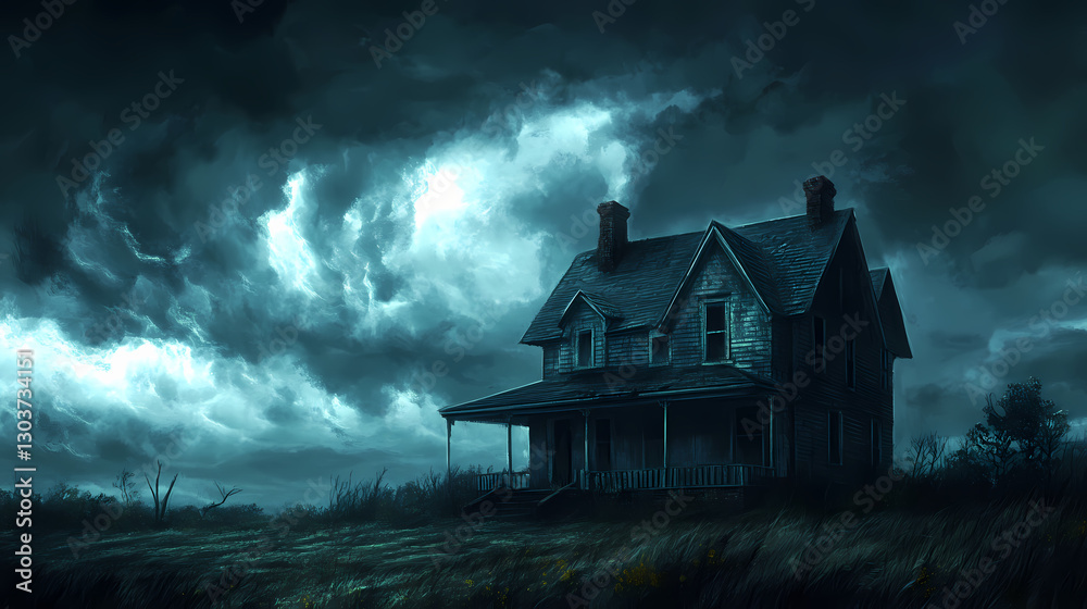 A mysterious, dark, and abandoned house under a stormy sky. Memory - Old house. Illustration A mysterious, dark, and abandoned house under a stormy sky. Memory - Old house. Illustration