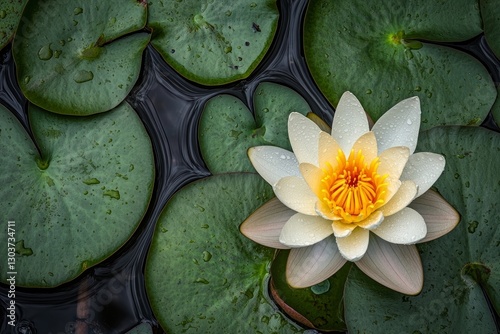 Sacred Lotus, spotlighting the bright color contrast against a green lily pad backdrop