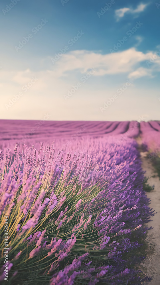 Fototapeta premium Vibrant Lavender Field at Sunset: Explore Aromatic Nature and Fragrant Purple Wildflowers in a Scenic Countryside Vista
