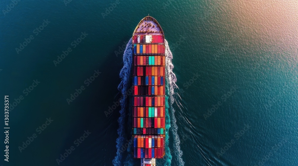 Aerial shot of a container ship passing through a major shipping lane, with a fleet of cargo vessels in the distance, capturing the vast network of global trade and supply chain operations. Aerial shot of a container ship passing through a major shipping lane, with a fleet of cargo vessels in the distance, capturing the vast network of global trade and supply chain operations.