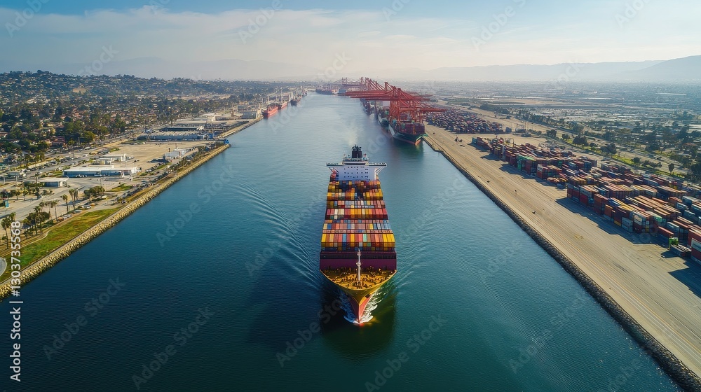 Naklejka premium Aerial shot of a container ship passing through a major shipping lane, with a fleet of cargo vessels in the distance, capturing the vast network of global trade and supply chain operations.
