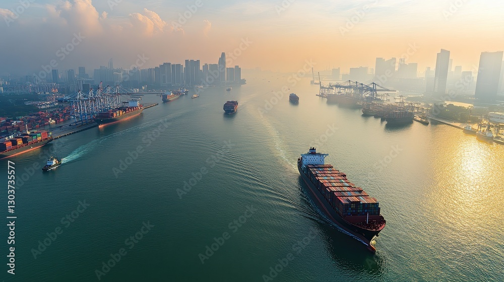 Naklejka premium Aerial shot of a container ship passing through a major shipping lane, with a fleet of cargo vessels in the distance, capturing the vast network of global trade and supply chain operations. 