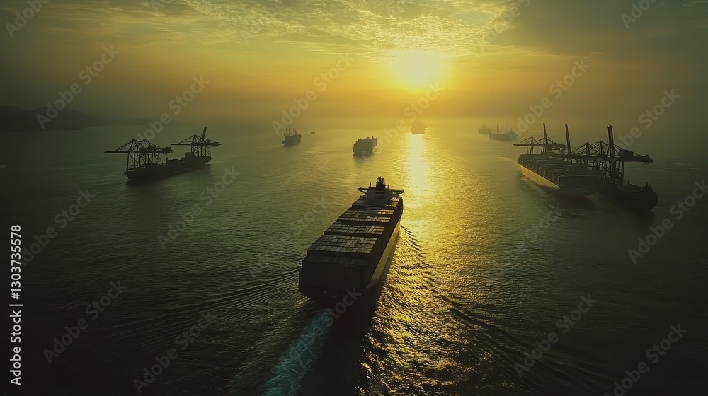 Aerial shot of a container ship passing through a major shipping lane, with a fleet of cargo vessels in the distance, capturing the vast network of global trade and supply chain operations. Aerial shot of a container ship passing through a major shipping lane, with a fleet of cargo vessels in the distance, capturing the vast network of global trade and supply chain operations.