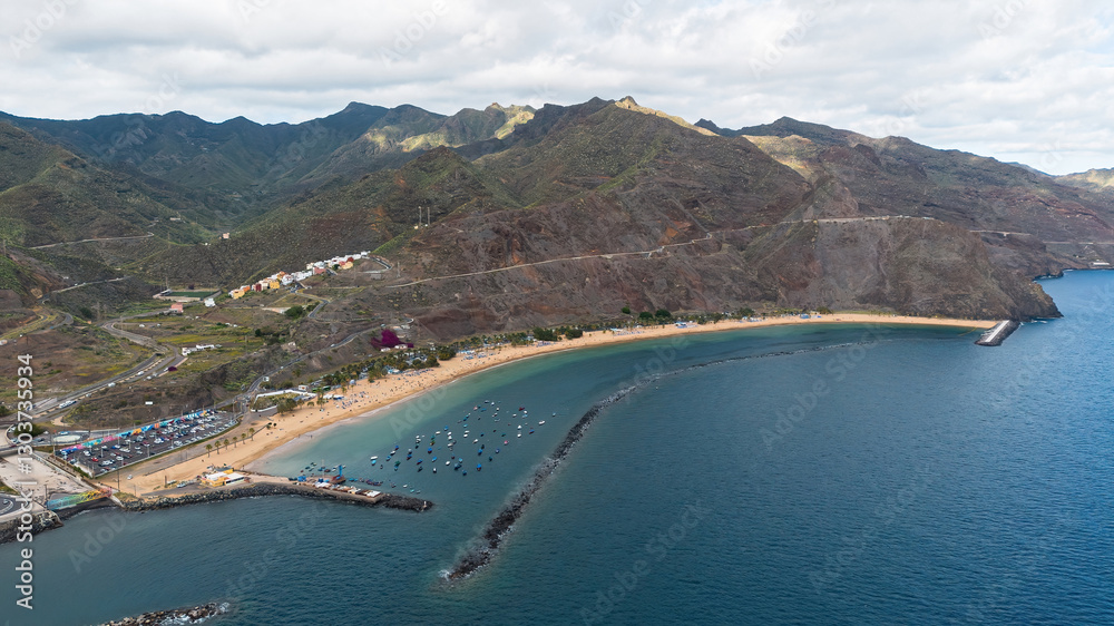 Naklejka premium Aerial view of the Playa de Las Teresitas (Las Teresitas Beach) near Santa Cruz de Tenerife, the capital city of the Canary Islands, Spain