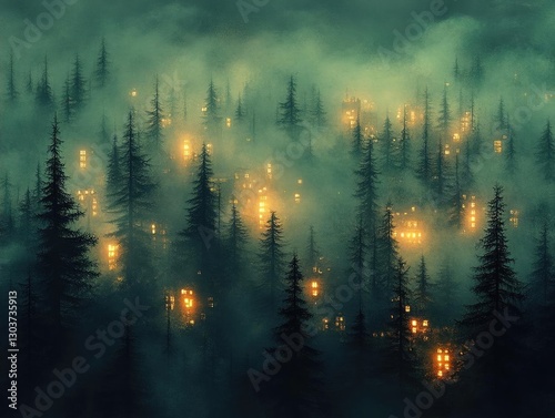 Enchanted forest with glowing windows in misty atmosphere, evoking mystery and intrigue