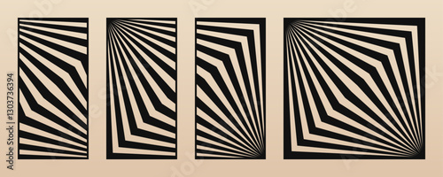 Laser cut pattern set. Vector abstract geometric templates with lines, stripes, zigzag, chevron, optical illusion. Decorative stencils for cutting of wood, metal, paper, plywood. Aspect ratio 1:2, 1:1