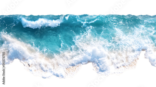 Sandy beach with gentle ocean waves meeting the shore, creating a peaceful and serene coastal landscape. Isolated on transparent background.