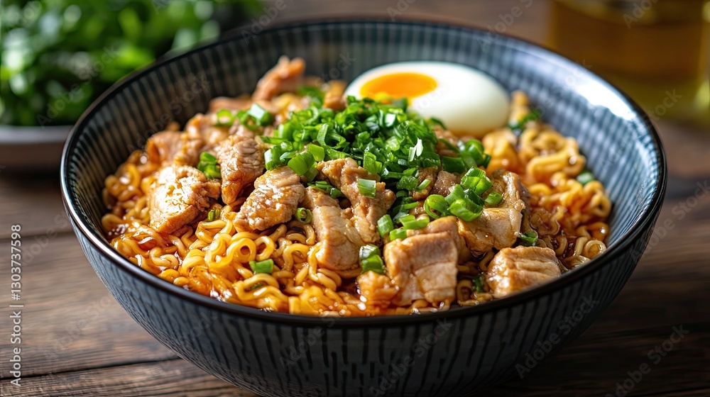 A bowl of ramen noodles topped with pork, egg, and scallions A bowl of ramen noodles topped with pork, egg, and scallions