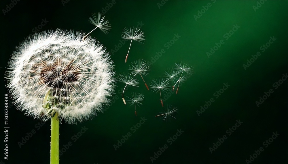 Fototapeta premium Dandelion on dark background. Flying dandelion seeds. 