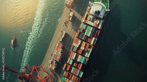 Aerial view of a massive container ship navigating a busy international port, surrounded by cranes and cargo, representing global trade routes and supply chain logistics in the modern marketplace. 