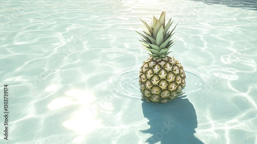 A single pineapple floating in a crystal-clear turquoise pool, water ripples reflecting sunlight onto the fruit.
