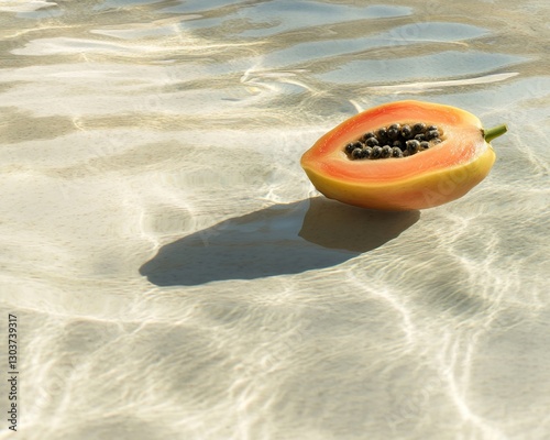 A single papaya floating in clear water, its reflection and shadows dancing on the surface.