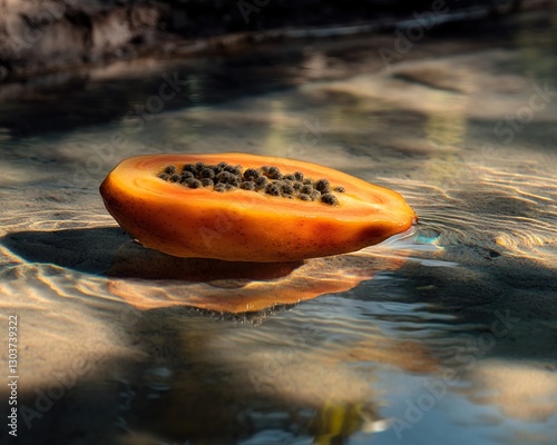 A single papaya floating in clear water, its reflection and shadows dancing on the surface.