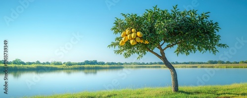 A single mango tree by a serene lakeside, its branches laden with ripe fruit, under a clear blue sky.