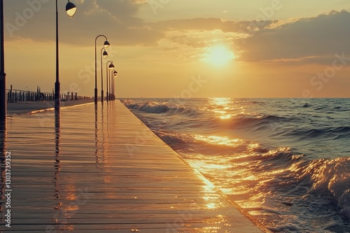 A serene boardwalk surrounded by calm ocean waves, wooden planks reflecting the golden sunset glow, lined with minimalistic streetlights.