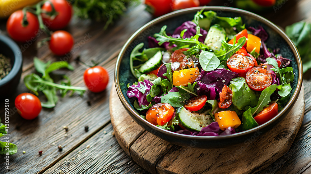 Fresh organic salad bowl with vibrant vegetables on a rustic wooden table. Fresh organic salad bowl with vibrant vegetables on a rustic wooden table.