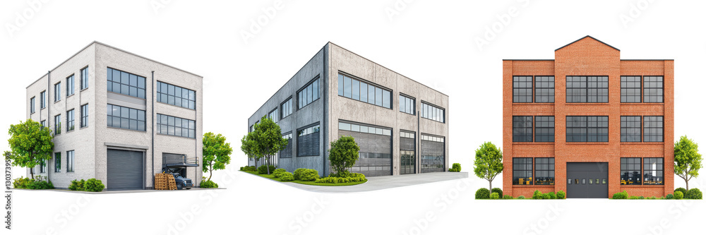 Obraz premium Three different industrial buildings with trees and shrubs.