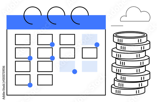 Calendar with dates marked, stacked coins representing savings or income, and a small cloud for abstract thought. Ideal for finance, planning, time management, productivity, budgeting, events