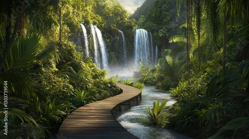 A secluded boardwalk winding through a jungle, with cascading waterfalls visible through dense tropical foliage.